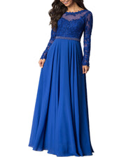 ROIII Women Long-sleeve Lace Slim Sexy Floor-length Blue Color Party Dress