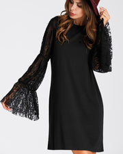 ROIII Lace Chiffon Elegant Round Neck Long Sleeve Black Dress