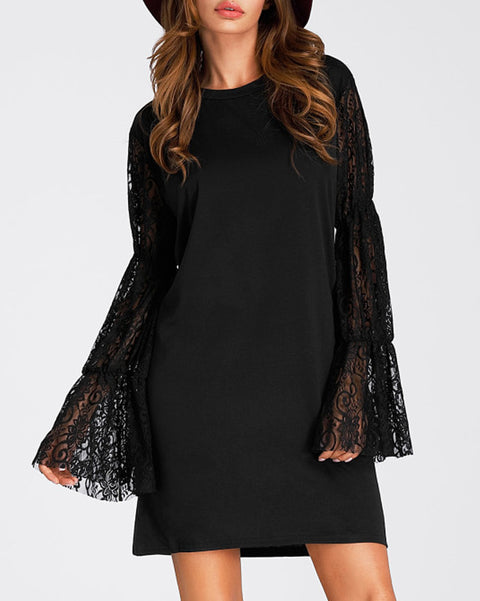 ROIII Lace Chiffon Elegant Round Neck Long Sleeve Black Dress