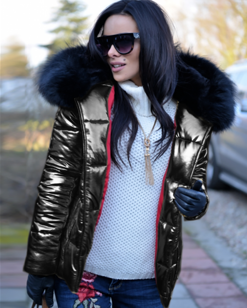 Women Black Short Down Coat Black Fur Warmful Jacket