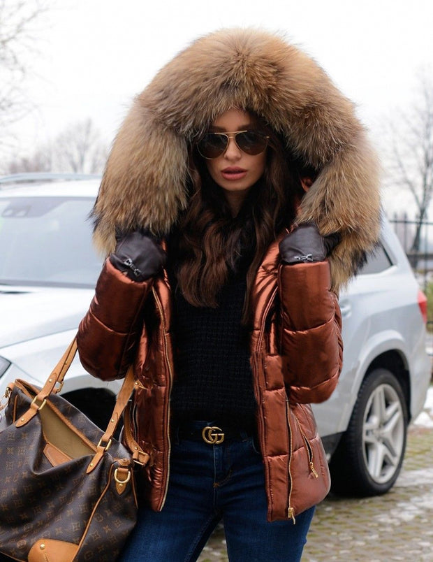 Ladies Slim Short Brown Down Jacket Zipper Faux Fur Winter Coat