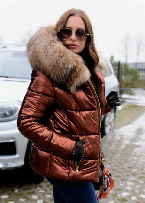 Ladies Slim Short Brown Down Jacket Zipper Faux Fur Winter Coat