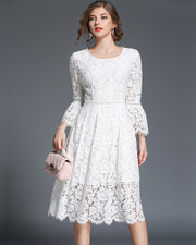 Roiii summer Crew neck intellectual lace evening dress  white color