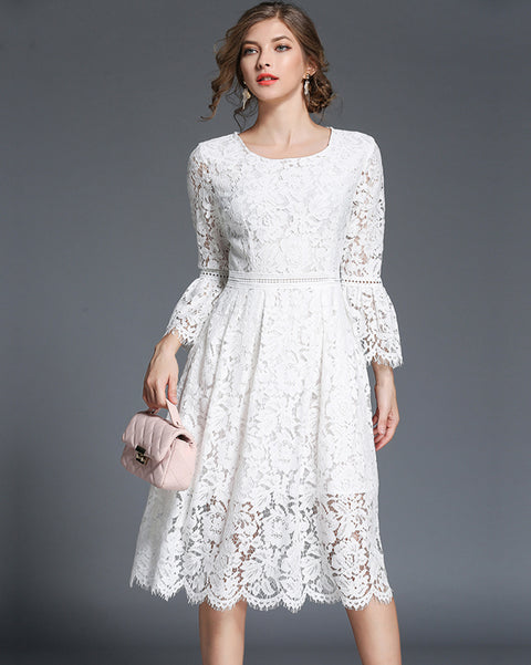 Roiii summer Crew neck intellectual lace evening dress  white color