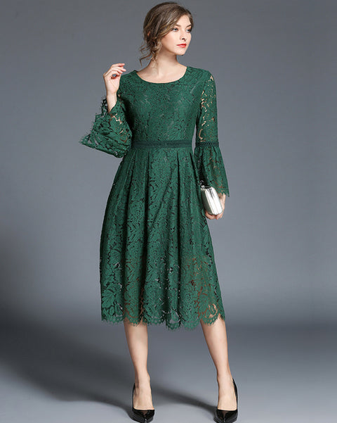 Roiii summer Crew neck intellectual lace evening dress green color