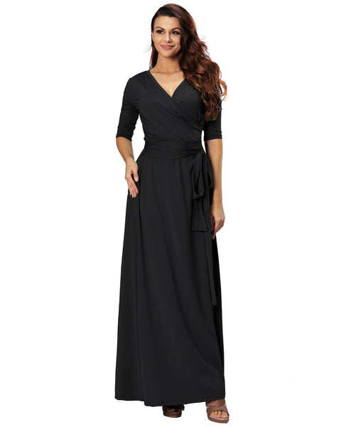 ROIII summer Womens V Neck Causual Maxi Long Jersey Cocktail Party Evening Dresses With Sleeves Black