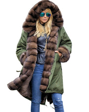 Roiii Thickened Warm Brown Faux Fur Thicken Warm Parka Button Casua Women Hooded Long Winter Jacket Coat Overcoat US Plus Size