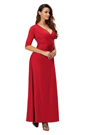 ROIII summer Womens V Neck Causual Maxi Long Jersey Cocktail Party Evening Dresses With Sleeves RED