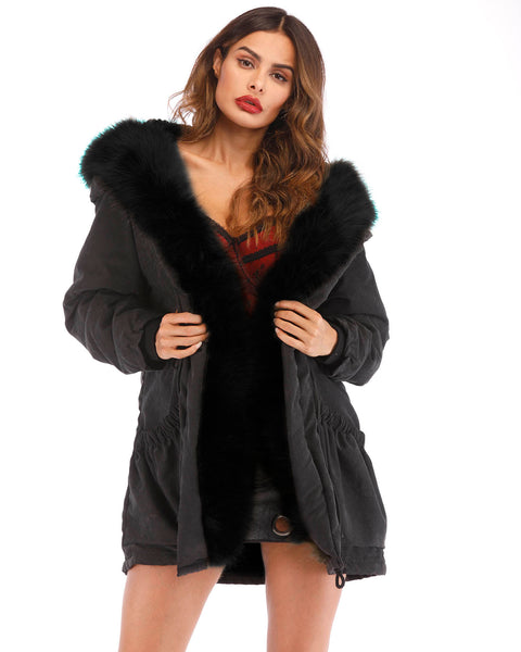Winter Hooded Parka Faux Fur Black Jacket For Women