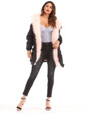 ROIII Women Winter Parka Pink Faux Fur Hooded Jacket Coat