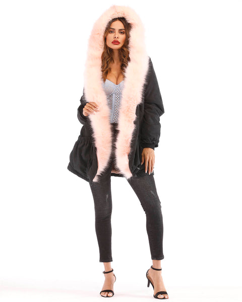 ROIII Women Winter Parka Pink Faux Fur Hooded Jacket Coat
