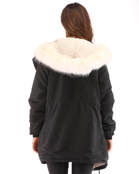ROIII Women Winter Down Cotton Faux Fur Black Coat
