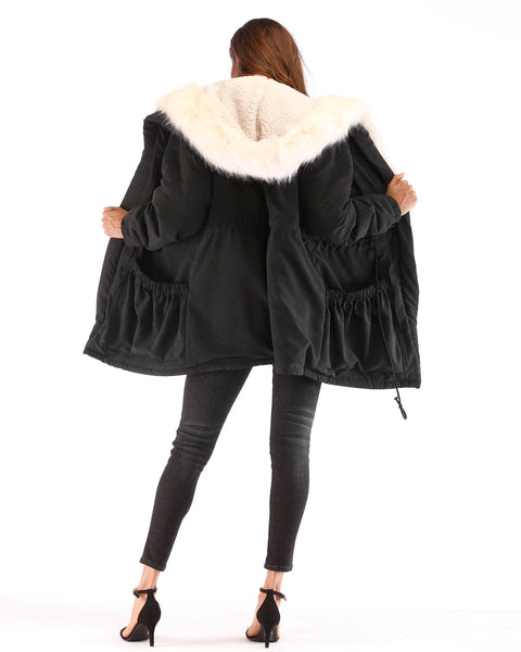 ROIII Women Winter Down Cotton Faux Fur Black Coat