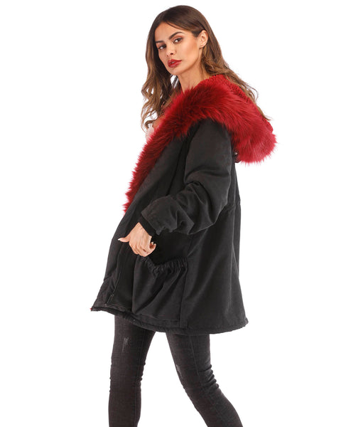 ROIII Women Winter Warm Hooded  Red Faux Fur Coat