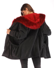 ROIII Women Winter Warm Hooded  Red Faux Fur Coat