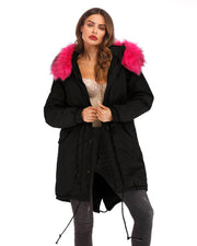 Women Winter Hooded Cotton  Parka Rose Red Faux Fur Jacket