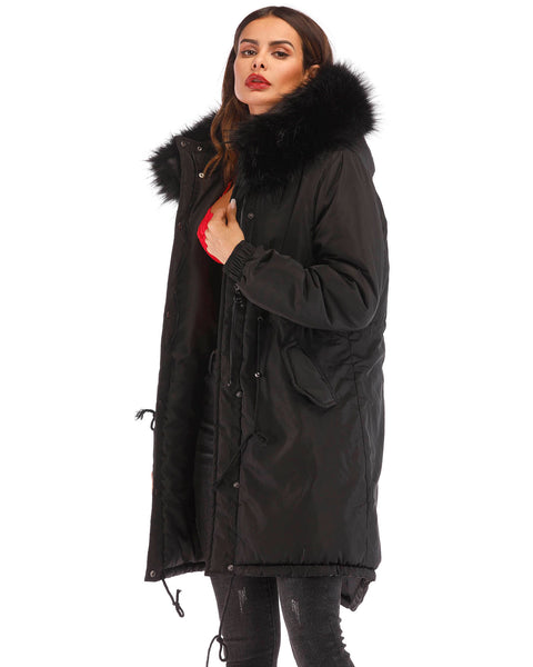 Roiii  Women Down Coat Black Long Hooded Jacket