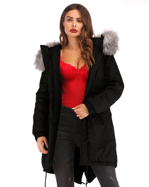 Ladies Black Cotton Hooded Warm Gray Faux Fur Coat