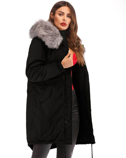 Ladies Black Cotton Hooded Warm Gray Faux Fur Coat