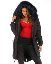 ROIII Women Winter Faux Navy Fur Front Open Jacket