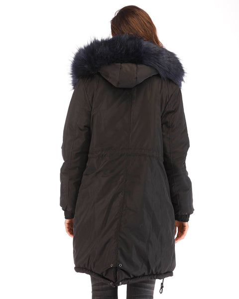ROIII Women Winter Faux Navy Fur Front Open Jacket