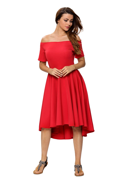 Roiii Summer Solid Casual A-Line Knee-Length Skirt Short Sleeves Slash Neck Dresses Wedding RED
