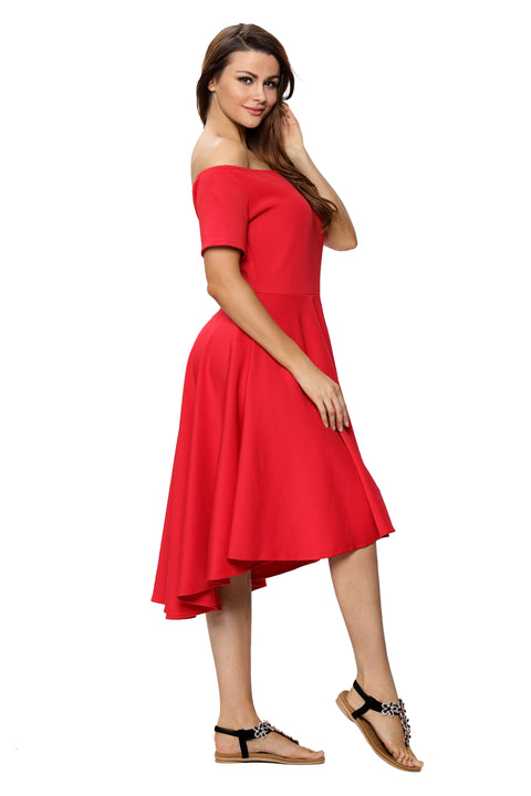 Roiii Summer Solid Casual A-Line Knee-Length Skirt Short Sleeves Slash Neck Dresses Wedding RED