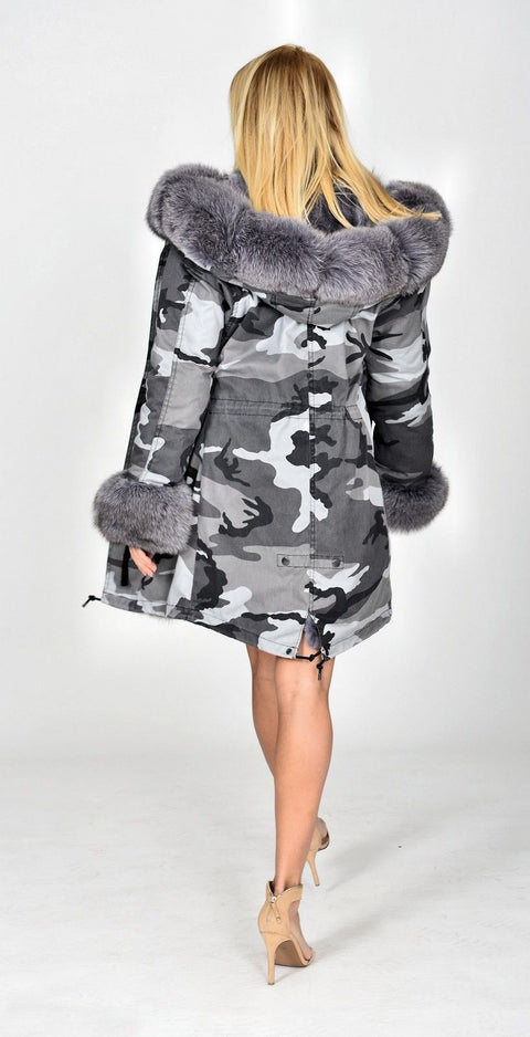 Roiii Thickened Warm Grey Faux Fur Camouflage Parka Fashion Luxury Women Hooded Long Winter Jacket Overcoat EU SIZE S-2XL-3XL