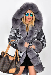 Roiii Thickened Warm Grey Faux Fur Camouflage Parka Fashion Luxury Women Hooded Long Winter Jacket Overcoat EU SIZE S-2XL-3XL