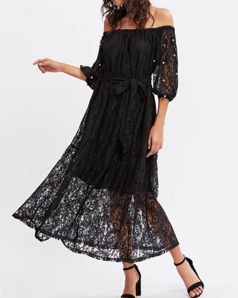 Women Pearls Beaded 3/4 Sleeve A line Belted Lace Dresses