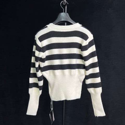 Roiii Women Winter Casual Black White Striped knited Sweater Top M3020