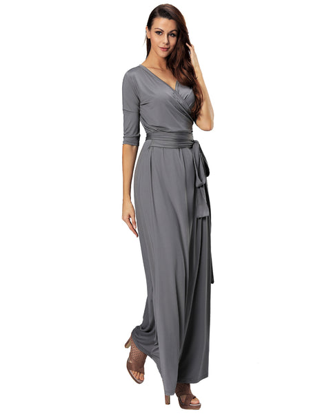 ROIII summer Womens V Neck Causual Maxi Long Jersey Cocktail Party Evening Dresses With Sleeves GRAY