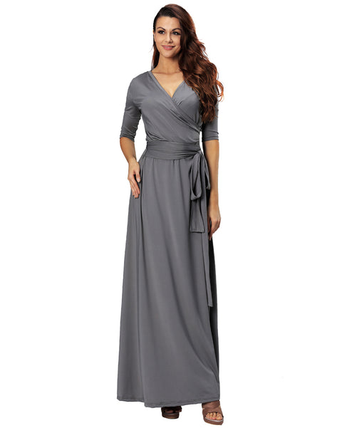 ROIII summer Womens V Neck Causual Maxi Long Jersey Cocktail Party Evening Dresses With Sleeves GRAY