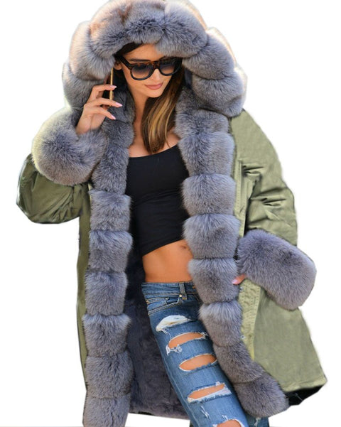 Roiii Thickened Warm Grey Faux Fur Soft Warm Parka Fashion Women Hooded Long Winter Jacket Coat  Overcoat Size S-M L XL XXL 3XL