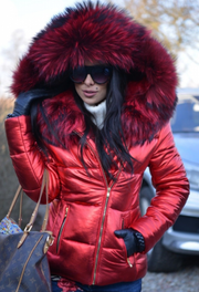 Roiii Red Parka Down Hood Faux Fur Coat Jacket