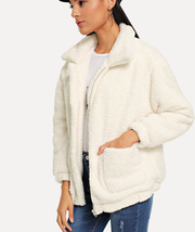 ROIII Winter fashion short Teddy velvet sweater padded warm cardigan coat white color