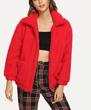 ROIII Winter fashion short Teddy velvet sweater padded warm cardigan coat wine red color