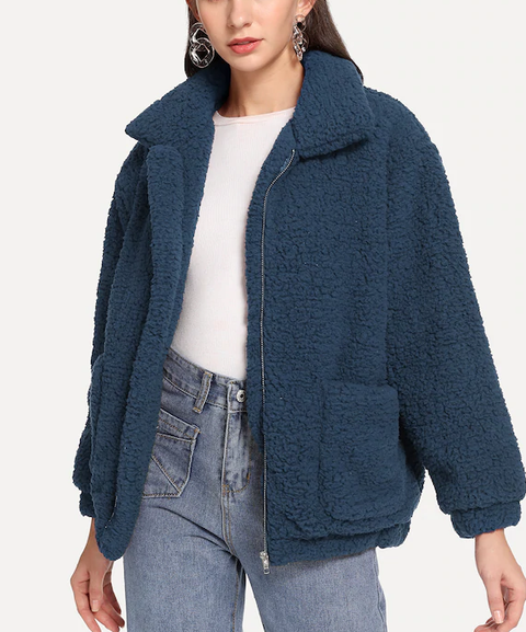 ROIII Winter fashion short Teddy velvet sweater padded warm cardigan coat blue color