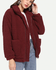 ROIII Winter fashion short Teddy velvet sweater padded warm cardigan coat wine red color