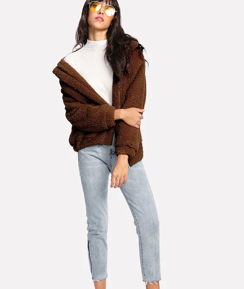 ROIII Winter fashion short Teddy velvet sweater padded warm cardigan coat  light  brown color