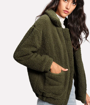 ROIII Winter fashion short Teddy velvet sweater padded warm cardigan coat army green color