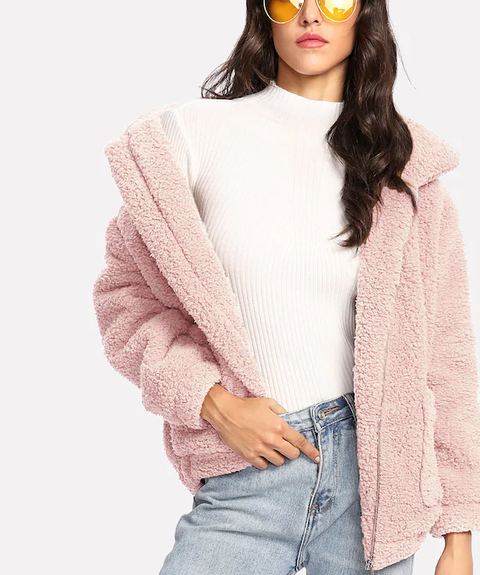 ROIII Winter fashion short Teddy velvet sweater padded warm cardigan coat pink color