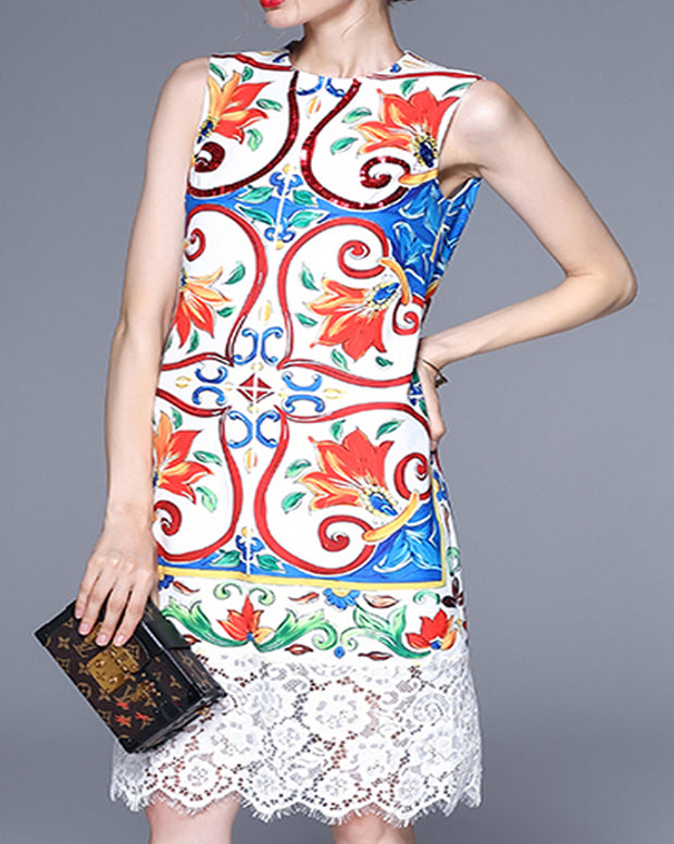 ROIII Summer Bohemia Sleeveless Lace Frill Floral Dress