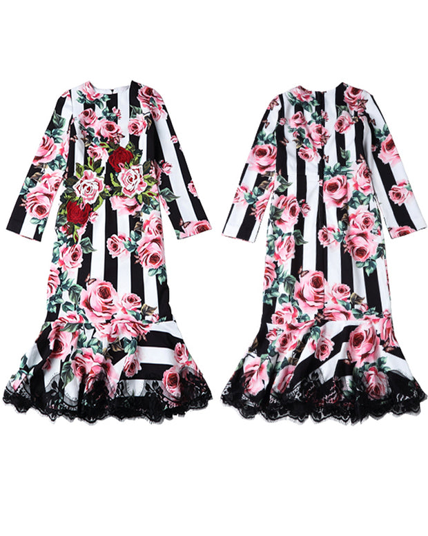 ROIII Lace Frill Fishtail Women Dress Rose Floral Printing Skirt