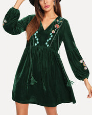 Roiii summer fashion v-neck embroidered  slim hot sell long sleeve green color dresses