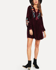 Roiii summer fashion v-neck embroidered slim hot sell long sleeve wine red color dresses