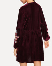 Roiii summer fashion v-neck embroidered slim hot sell long sleeve wine red color dresses