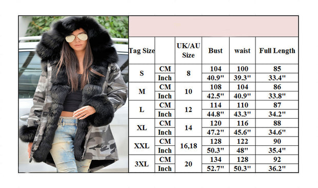 Roiii Thickened Faux Fur Camouflage Casual  Parka Women Hooded Long Winter Jacket Overcoat US Plus Size S M L XL XXL 3XL