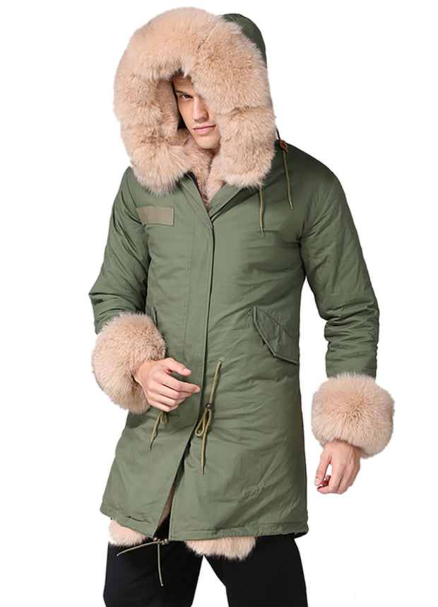 New Beige Fur Man Long Hooded Coat
