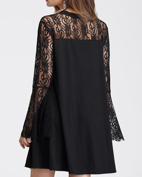 ROIII Lace Chiffon Beading Flare Sleeve Elegant  Black Mini Dress